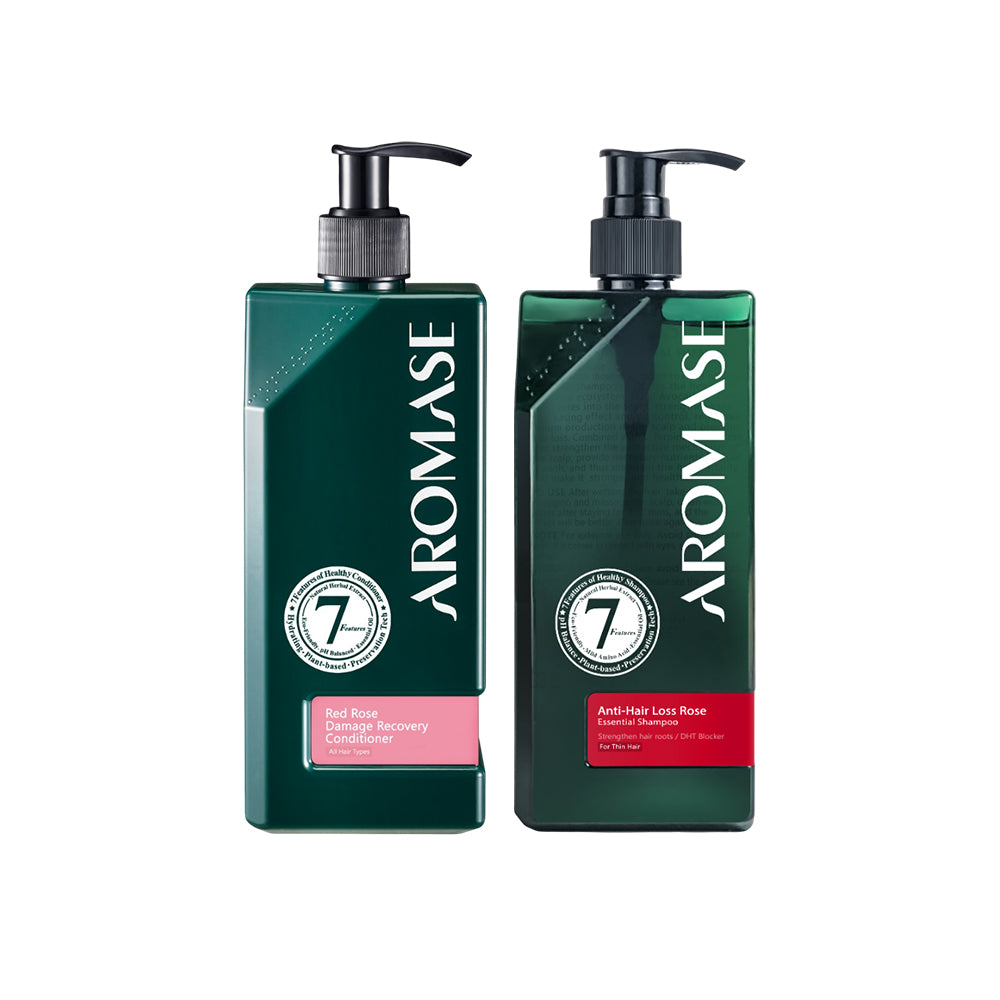 AROMASE Anti-Hair Loss Rose Essential Shampoo 400ml + Aromase Red Rose Damage Recovery Conditioner 400ml