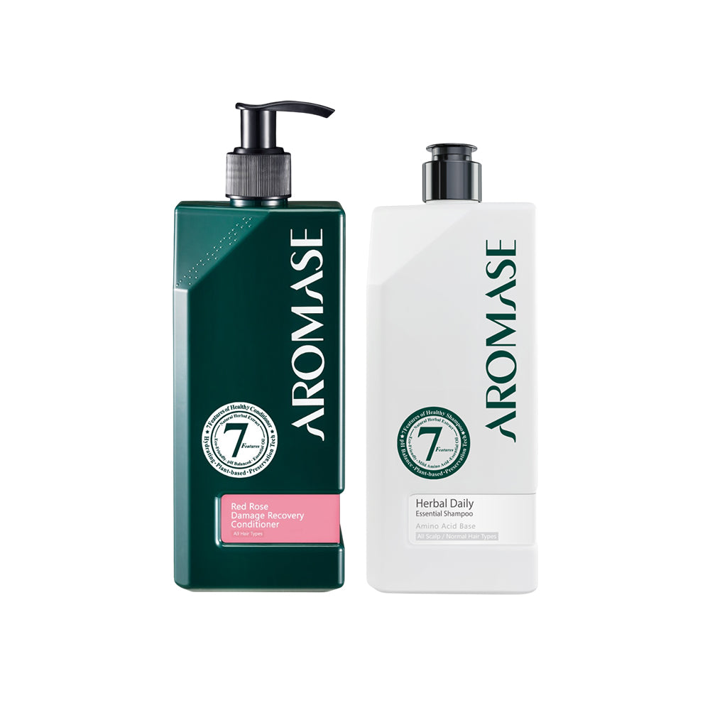 AROMASE Herbal Daily Essential Shampoo 520ml + Aromase Red Rose Damage Recovery Conditioner 400ml