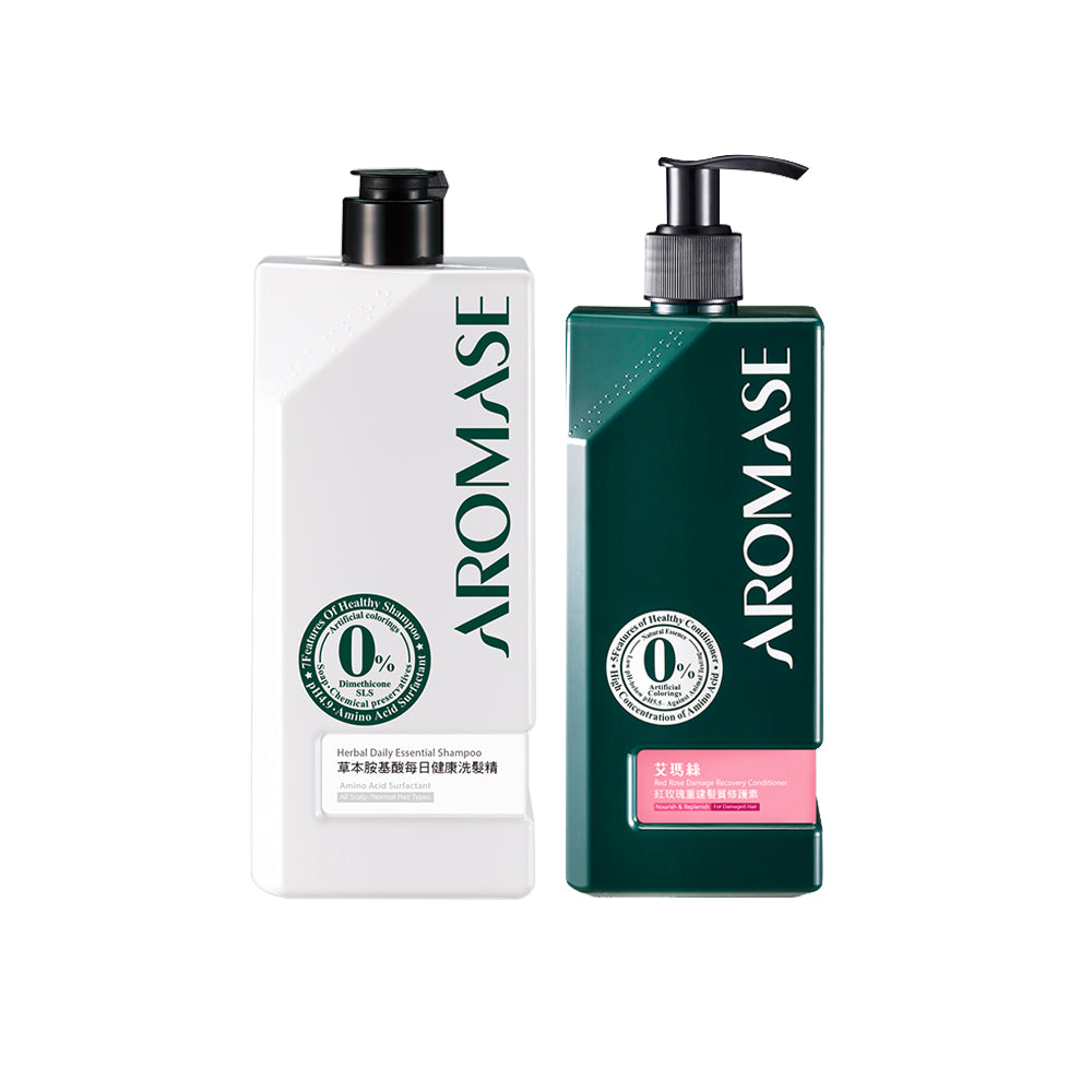 AROMASE Herbal Daily Essential Shampoo 520ml + Aromase Red Rose Damage Recovery Conditioner 400ml